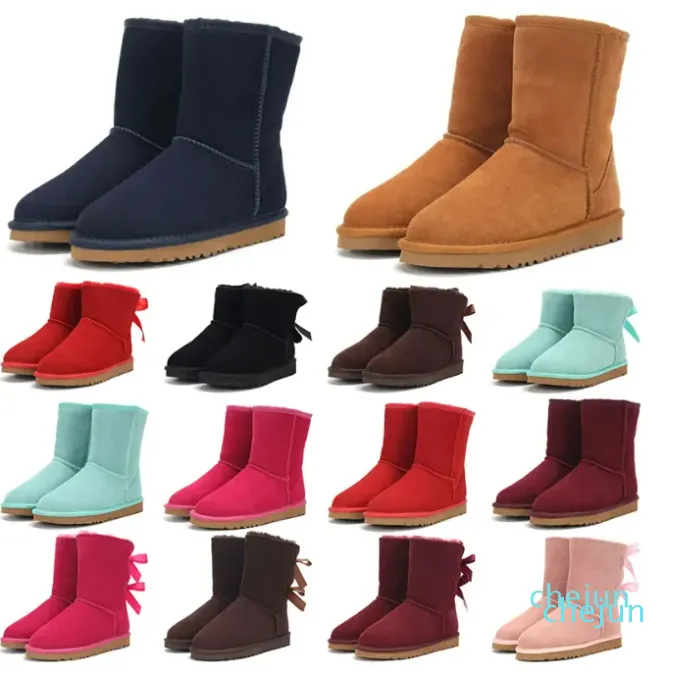 Botas de desenhista Austrália Mulheres Botas de Inverno Menina Clássico Bota de Neve Pelúcia Tornozelo Curto Arco Mini Preto Castanha Rosa Bowtie Womens Sapatos Tamanho