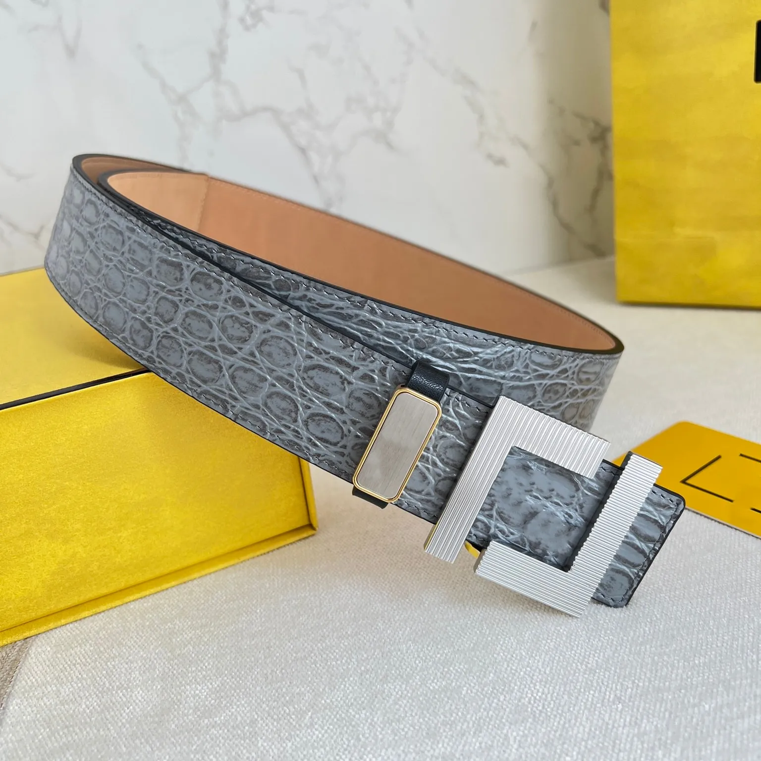 Ceinture réversible avec épingle carrée et ceinture de créateur à double boucle pour hommes, ceintures de luxe, un côté est en cuir de caïman gris avec boîte