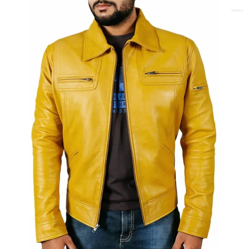 Herrenjacken gelbe Premium -Jacke authentische Schaffell Leder Casual Motorrad europäische und amerikanische Modetrends