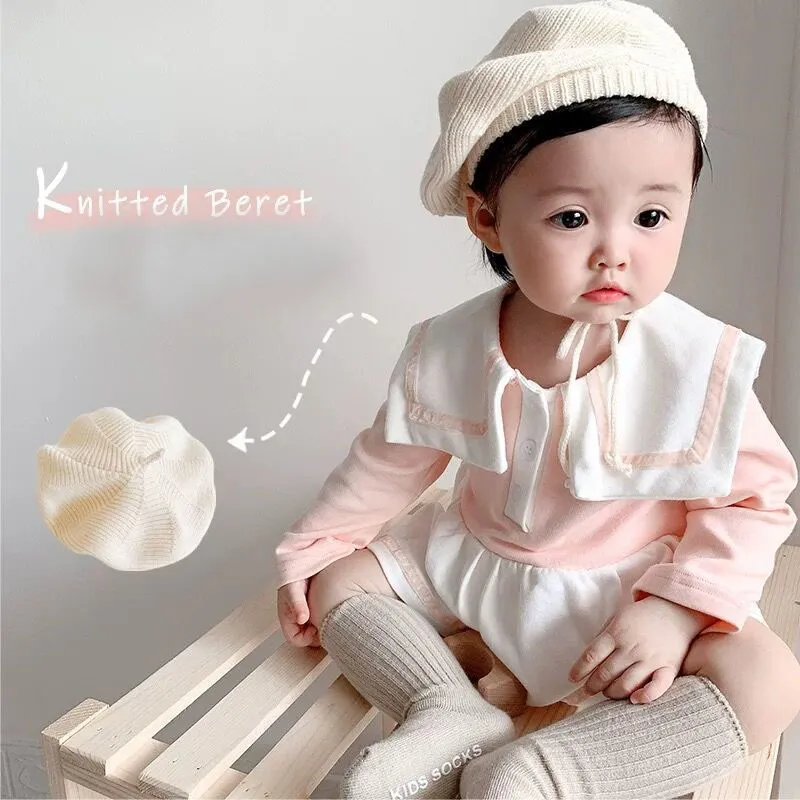 M628 New Autumn Winter Kids Knitted Beret Candy Color Sweet Caps Woolen Hat Children Warm Beanies Girls Lace Up Pumpkin Painter's Hats 3M-3Y