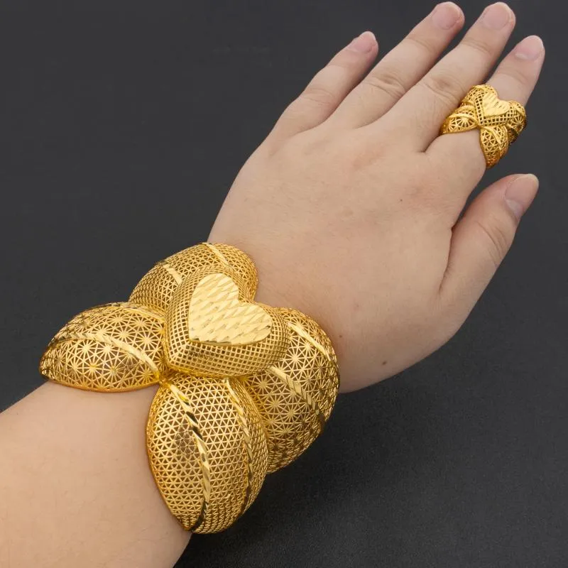 Generous 24K Yellow Gold Plated Big Flower Women's Open Up Bracelet Rings  Set | eBay