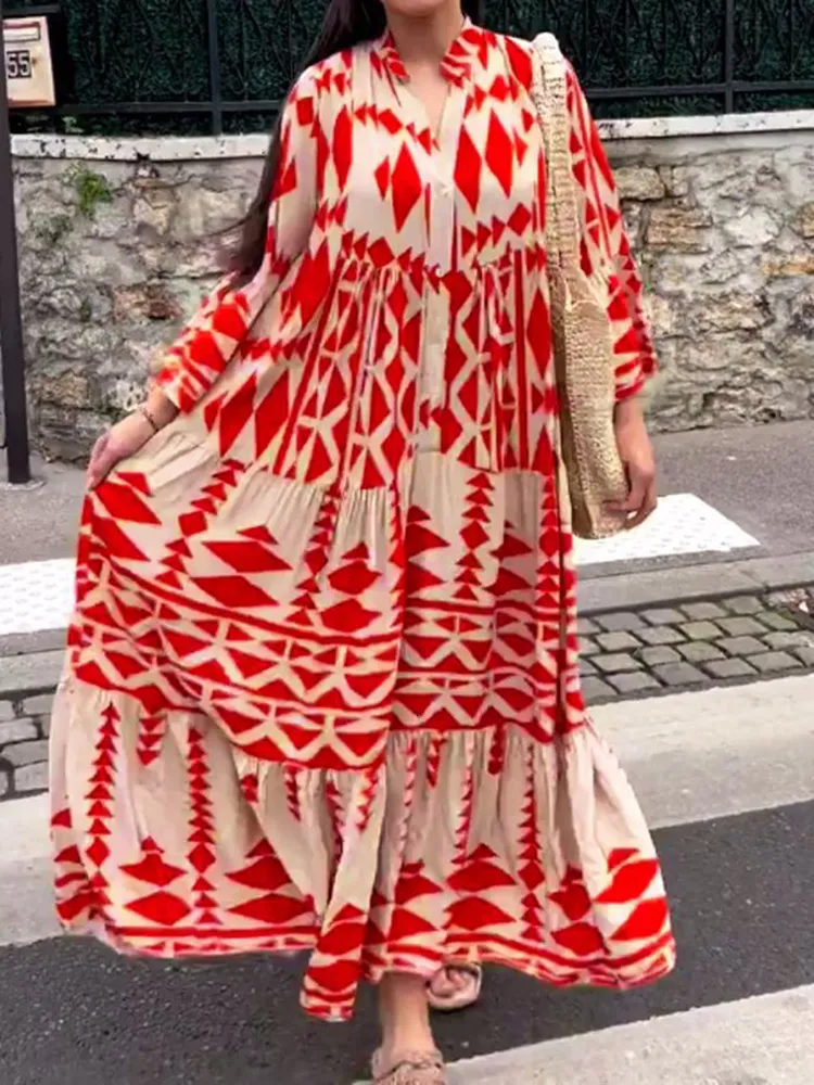 Basic Casual Dresse Vintage Print Maxi Dresses 2023 Summer Vneck Long Sleeve Pleated Female Boho Beach Shirt Dress Robe 230823