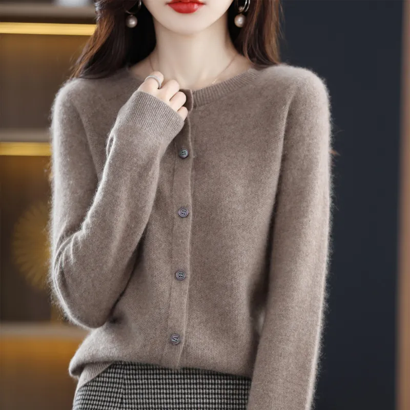 Kvinnors tröjor Autumn Women Sweater O Neck Long Sleeve Basic Style Coats Female Cardigan Jacket 100 Wool Sticked Tops Jumper Clothing 230824