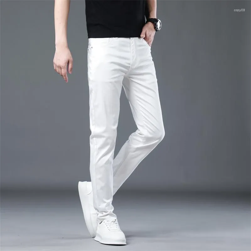 メンズジーンズスーリーサマー高品質メンホワイトファッションカジュアルクラシックスタイルスリムフィットソフトズボン男性ブランド高度なストレッチパンツ