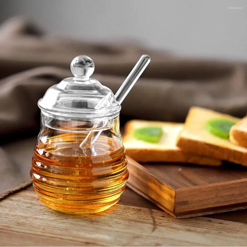 Storage Bottles Clear Glass Honeycomb Tank With Dipper Lid Honey Container Kitchen Jam Bottle For Wedding Party Home