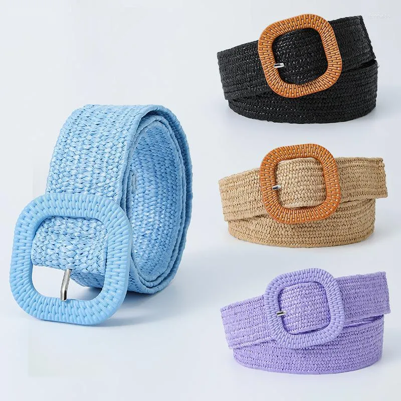 Riemen pp gras geweven riem voor jeans broek vierkante buckle candy color jurk decoratie elastische lange brede taille mode