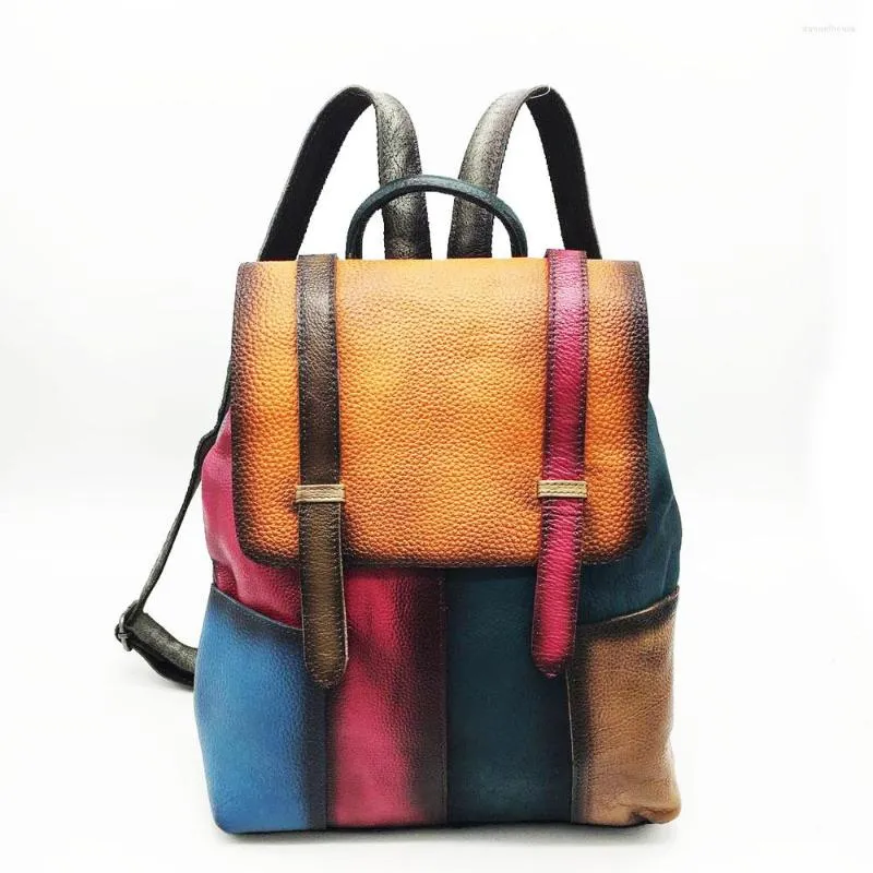 Skolväskor Multicolor Patchwork Designer Ryggsäck äkta läderkvinnor Real Bag 2023 Office Work Studenter