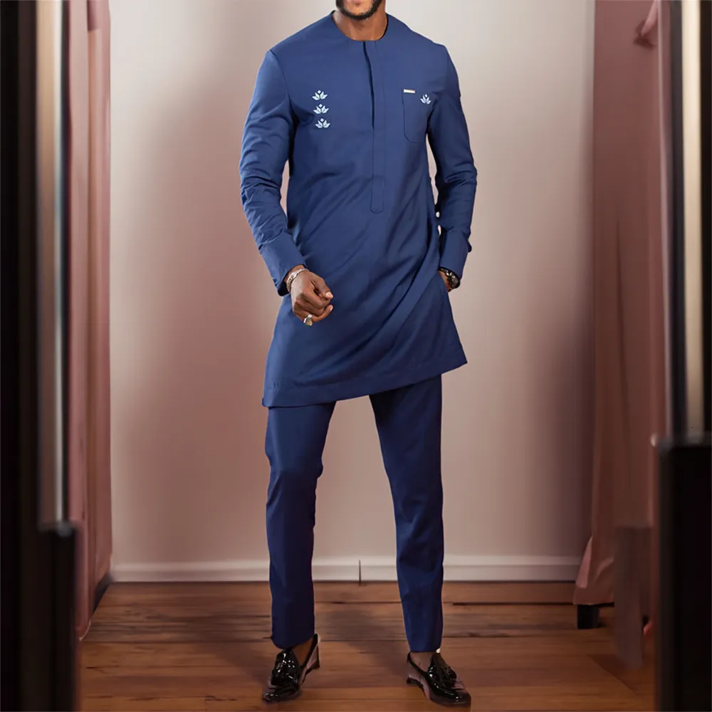 Мужские спортивные костюмы 2023 2 штука Dashiki с длинным рубашкой мужской костюм Mens Africe African Business Clothing Emelcodery с брюками 230823