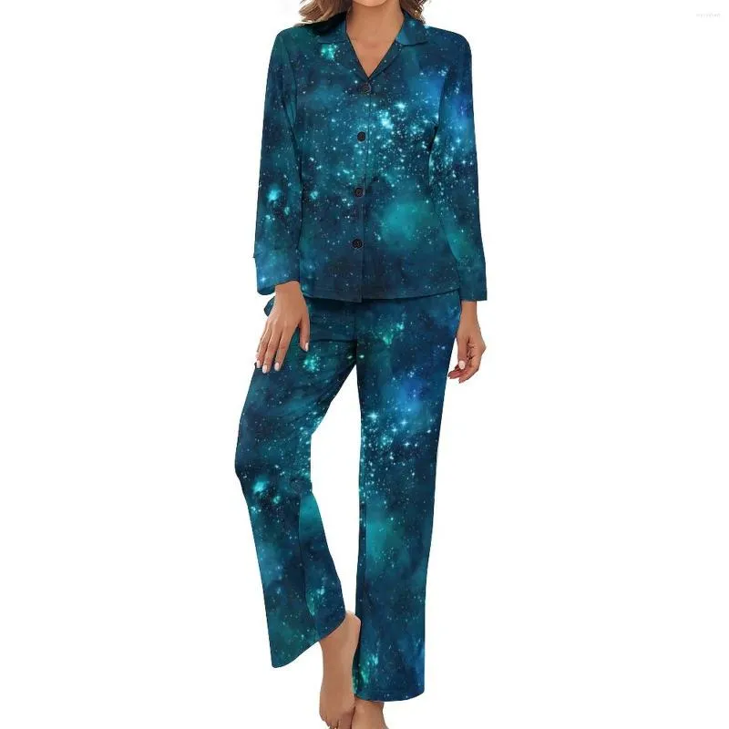 Vêtements de nuit pour femmes Astronomie Galaxy Pyjamas à manches longues Espace imprimé 2 pièces Ensembles de pyjama esthétiques Quotidien Dame Col en V Kawaii Vêtements de nuit