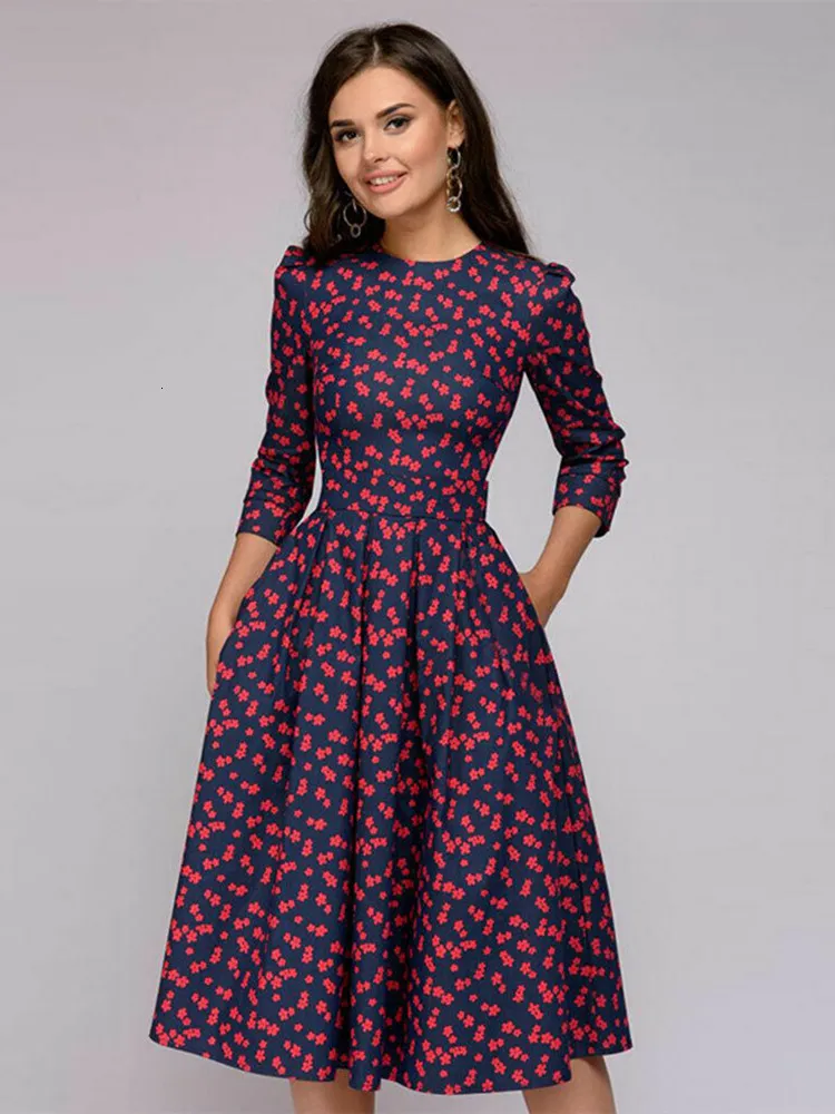 Abiti casual di base Stampa tunica pieghettata vintage Dres Eleganti signore a una linea abiti a maniche lunghe Autunno mixi abito da festa vestidos 230823