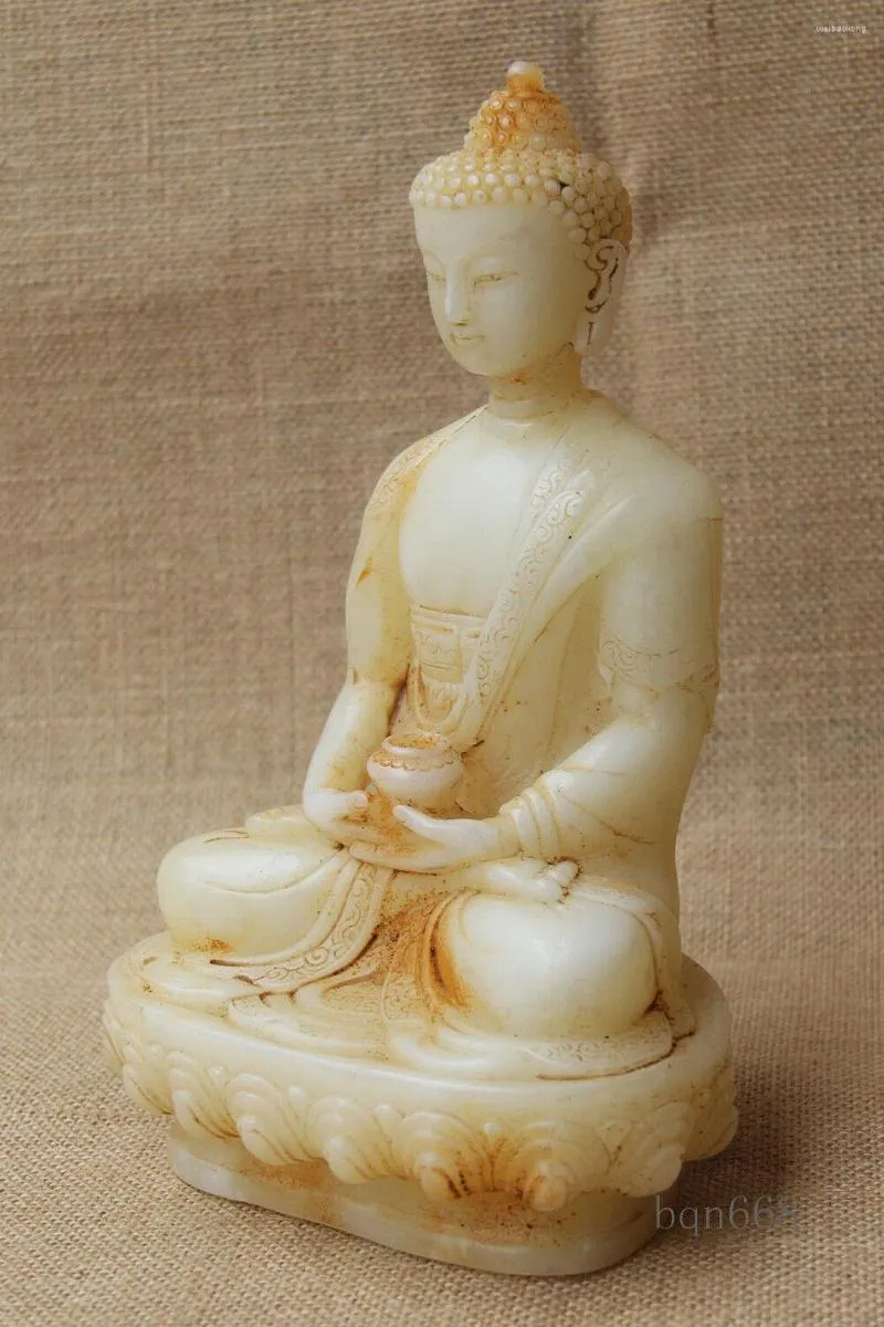 Estatuetas decorativas 8 "China coleciona a tigela de jade branca velha tigela esculpida Sakyamuni Buddha estátua