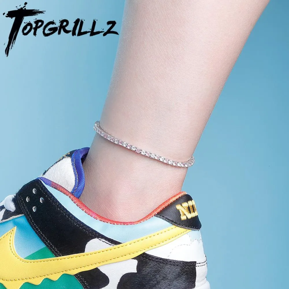 Tobilleras TOPGRILLZ Tobillera 4mm Cadena de tenis Tobillera Iced Cubic Zirconia Tobillera Gargantilla Hip Hop Moda Charm Joyería para regalo Puede ajustable 230823