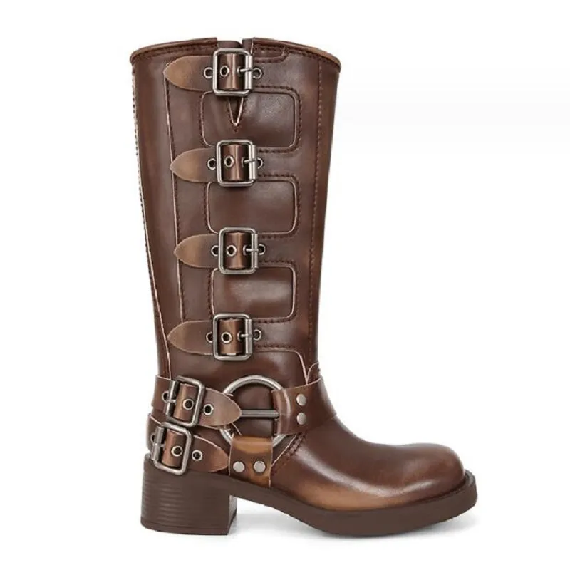 2023 Autumn/inverno Novo cinto de cabeça redonda Buckle Chunky Heel Western Knight Boots Feminino Feminino Botas 1A40