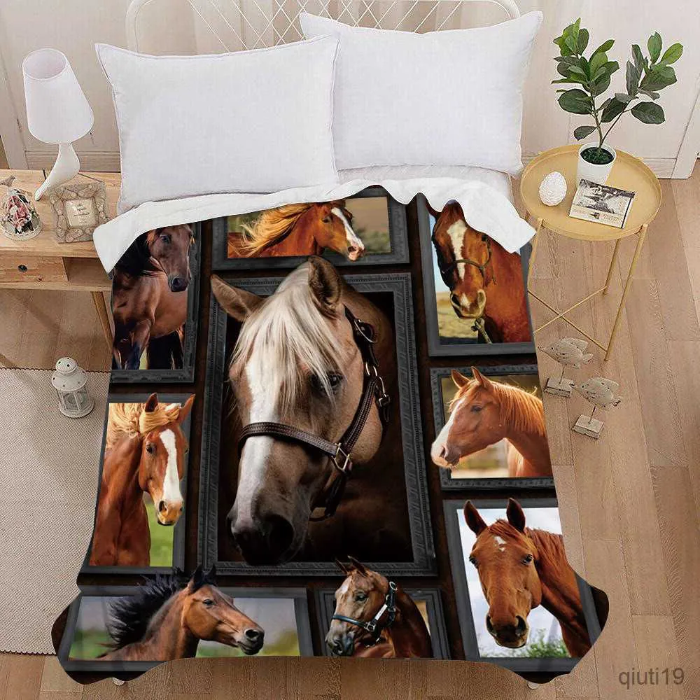 Dekens Horse Painting Art 3D Print Plush Flanel Throw Deken Vintage Bedding Square Picknick Bed Super zacht lichtgewicht King Size R230824