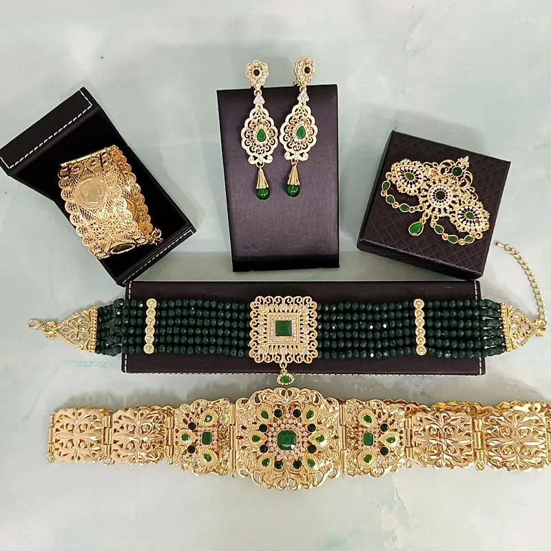 Necklace Earrings Set Moroccan Women's Robe Belt Luxury Wedding Jewelry Gold-Plated Inlaid Green Stone Bracelet Pendant Brooch Neck Chain