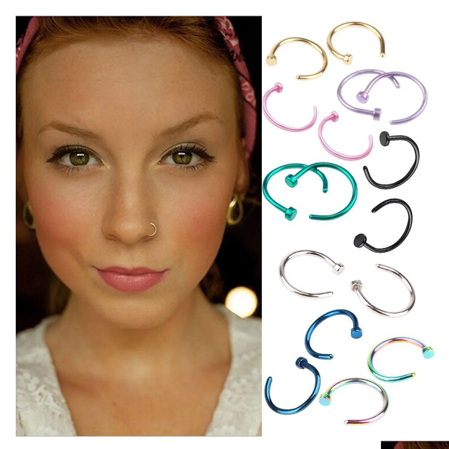 Näsringar Studs Trendy Body Piercing smycken Fashion Rostfritt stål NOS E Hoop Ring Earring Drop Delivery Oth5G