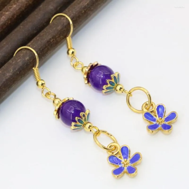 Boucles d'oreilles pendantes prix de gros conception originale de haute qualité couleur or cloisonné violet calcédoine pierre longue femmes bijoux B2624