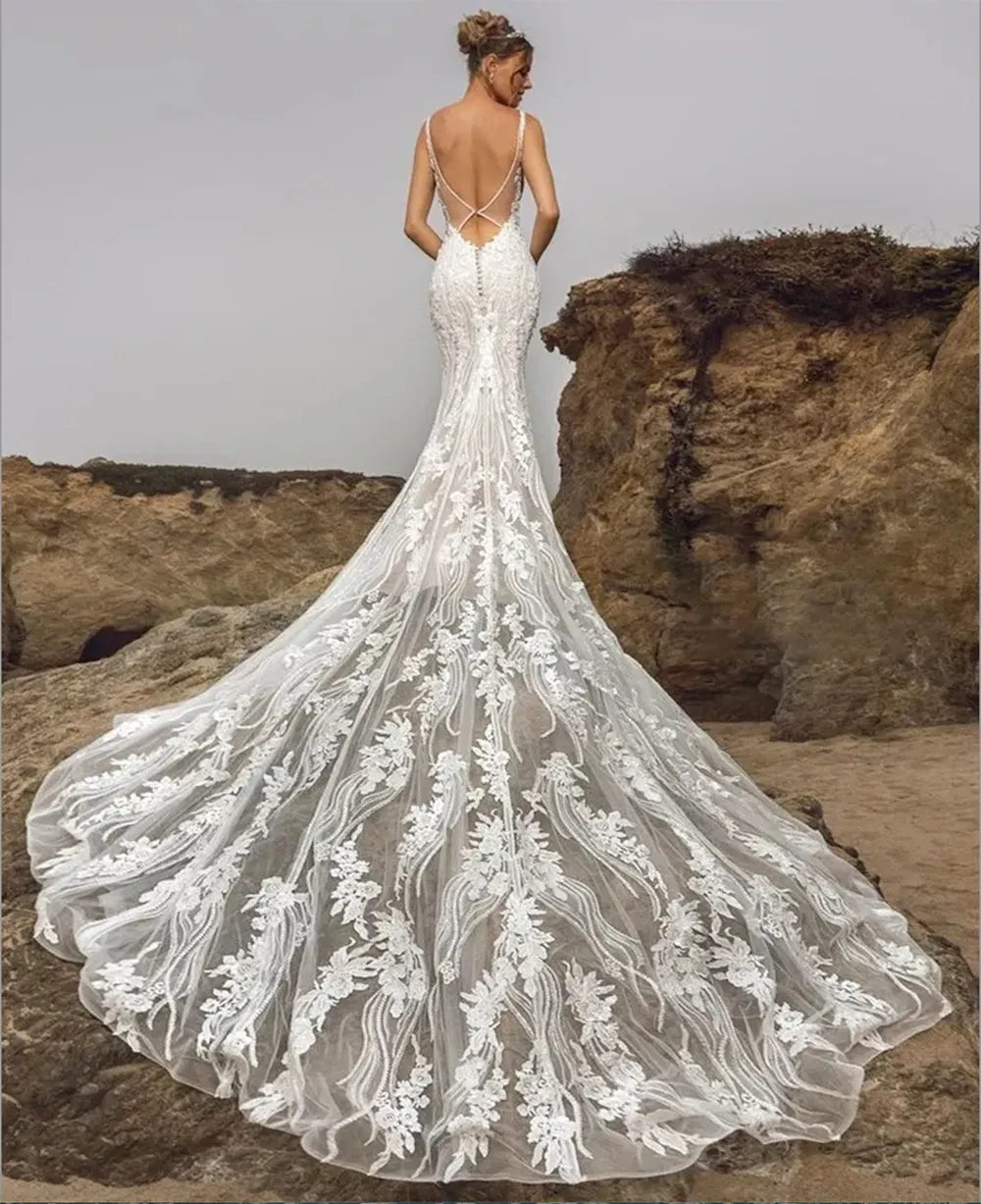 Robe De mariée sirène, décolleté en v profond, sans manches, avec dos Long ouvert, sur mesure, grandes tailles, 2023