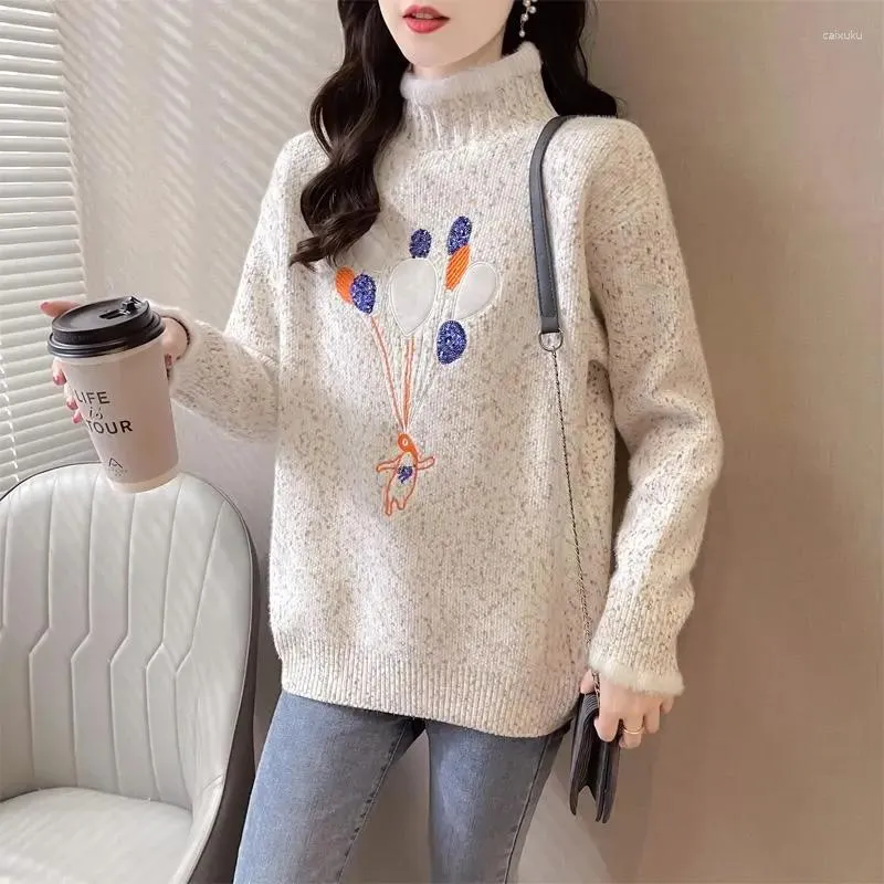 Women s Sweaters Autumn Winter 2023 Fashion Loose Casual Thick Warm Sweater Women Half High Collar Printing Pullover Undercoat Female Top