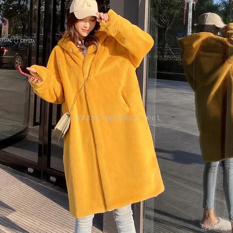 2023 New Women Women Winter Faux Pur Coat Capuzes Casacos de pele longos grossos Pray fêmea solta sobretola solta