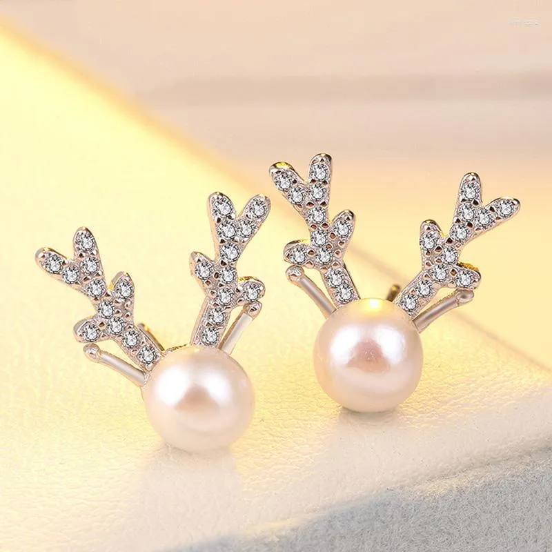 Stud -oorbellen Authentiek 925 Sterling Silver Earring Herten Antlers Pearl Vol Crystal For Women Girl Wedding Party Sieraden Gift