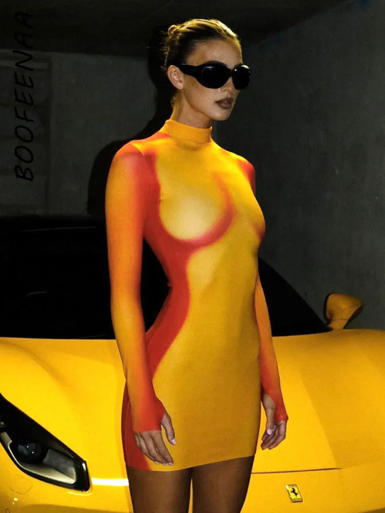 Podstawowe sukienki swobodne Boofeenaa żółty 3D nadruk seksowna sukienka Y2K Streetwear Womans Ubranie długie rękawy Bodycon Krótki klub zużycie C85 BD18 230824