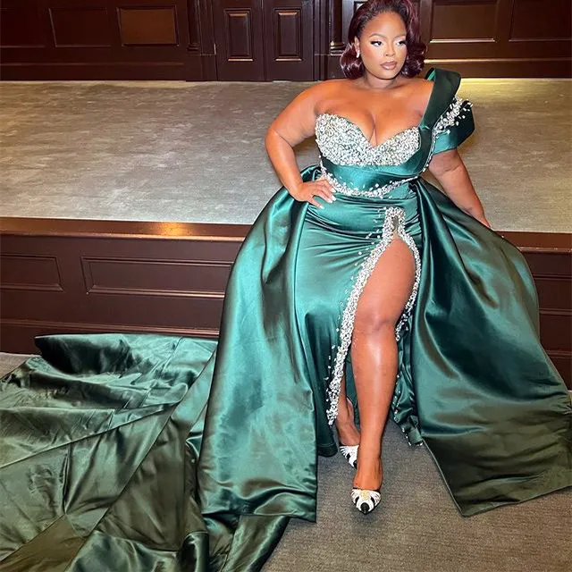 Emerald Green Aso Ebi Dress Beaded Sheath Gown for Prom, Evening,  Engagement Formal Occasion
