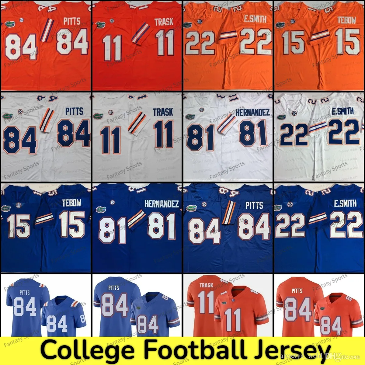 Florida Gators 15 Tim Tebow College Football Trikot 84 Kyle Pitts 11 Kyle Trask 81 Aaron Hernandez 22 Emmitt Smith White Football Trikots Orange White Blue 150.