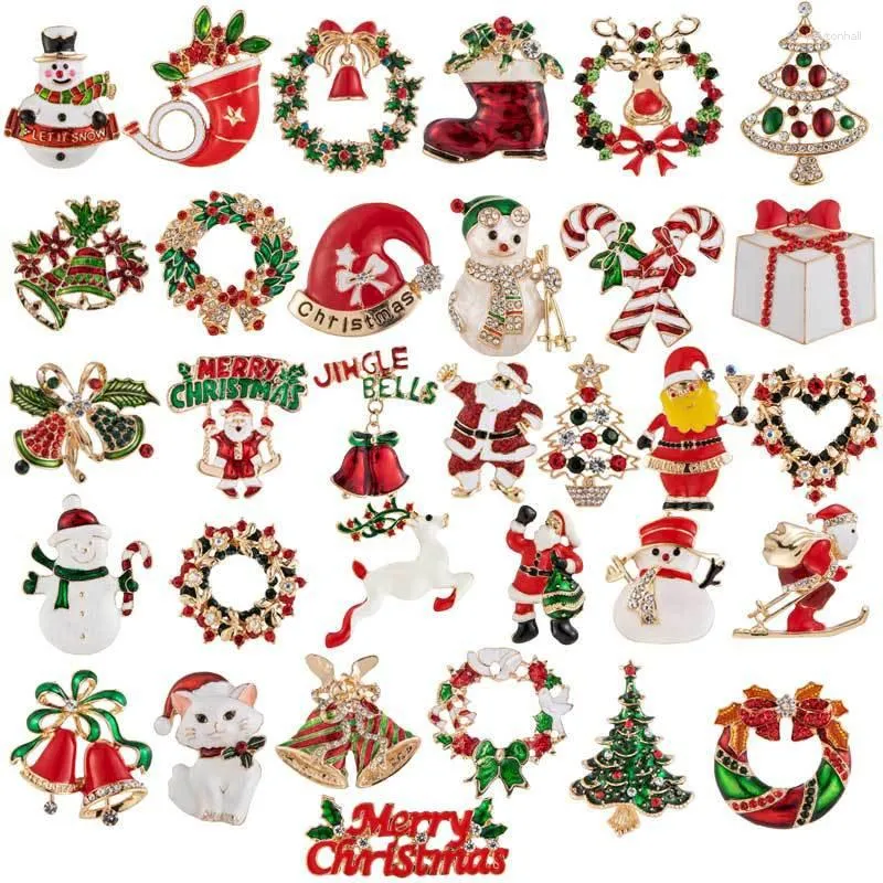 Spille Crystal Pin Fashion Crystal Specistiche per leni per alberi di Natale Red Green Babbo Natale Bell Garland Boots Badge Accessori per abbigliamento