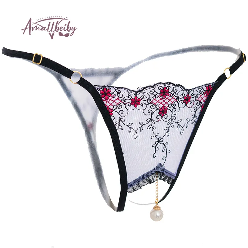 Briefs Panties Pearl Pendant Open Thongs Women Underwear Crotchless Embroidery G String Tanga Lace Transparent Sexy Lingerie 230824