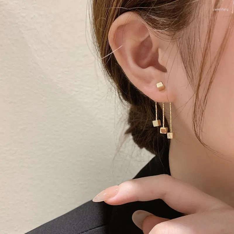 Dangle Earrings Dainty Gold Color Square Geometric Cube Shaped Chain Ear Line For Women Jewelry Aretes De Mujer
