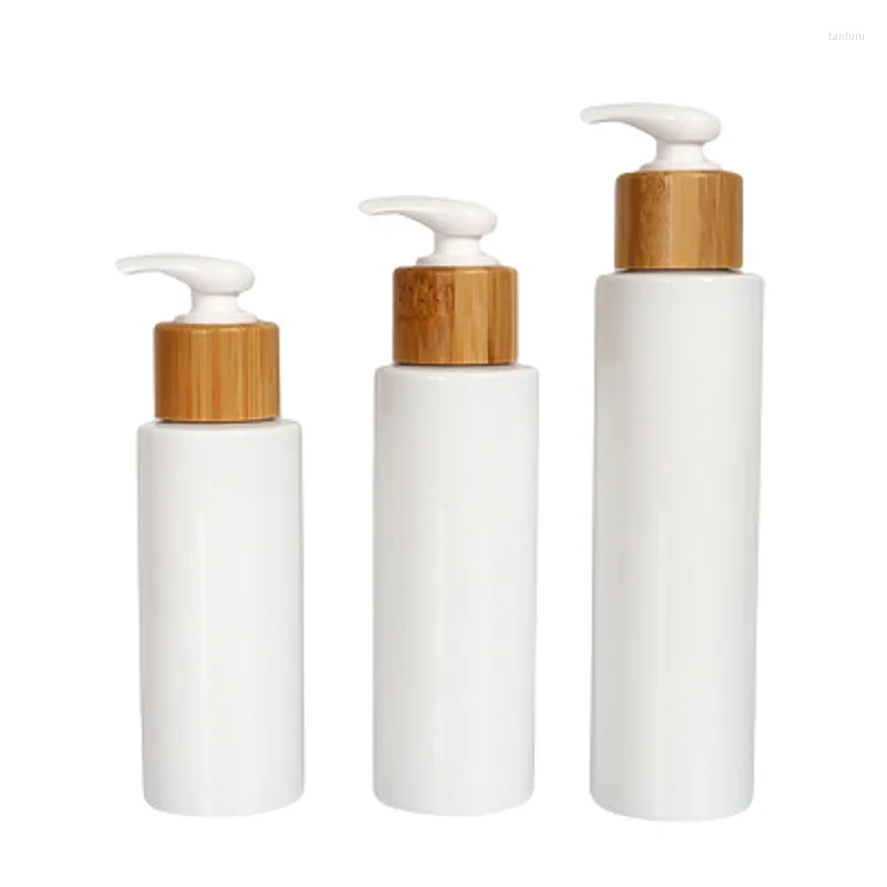 Storage Bottles Plastic Bottle Empty White Round 3oz 4oz 5oz 100ML120ML150ML Bamboo Wood Pump Refillable Cosmetic Packaging Lotion 20Pcs