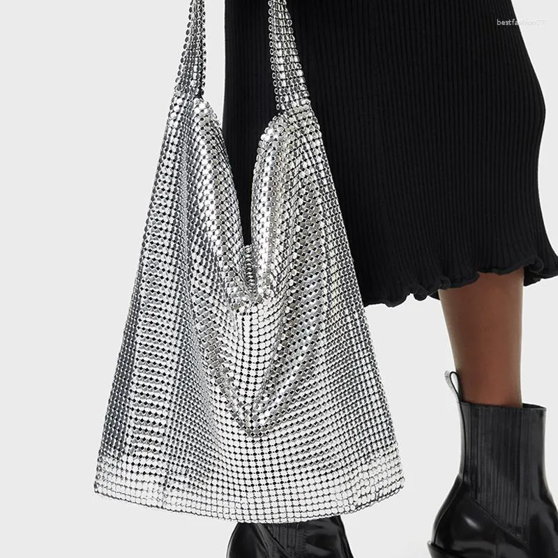 Sacs d'école Mode Métal Mesh Femmes Épaule Designer Argent Sac à main Shinny Large Sangle Sac de soirée Glitter Grand fourre-tout Party Purse 2023