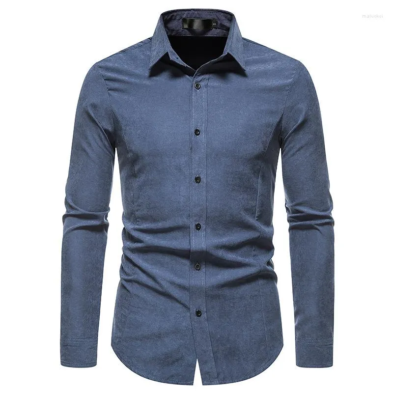 Camisas casuales para hombres para hombre vestido retro azul 2023 marca solapa hombres slim fit camisa de manga larga botón abajo masculino social chemise homme