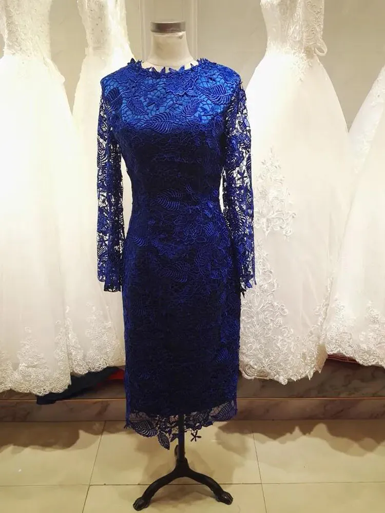 Elegante renda azul real, mãe dos vestidos de noiva, comprimento de chá de mangas compridas vestidos de coquetel de festa caia de inverno pálido rosa, verde