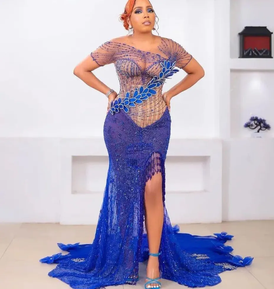 2023 août Aso Ebi Royal Blue Sirène Prom Robe Breded Sexy Evening Formal Party Deuxième réception Robes de fiançailles d'anniversaire Robe de Soiree ZJ7118