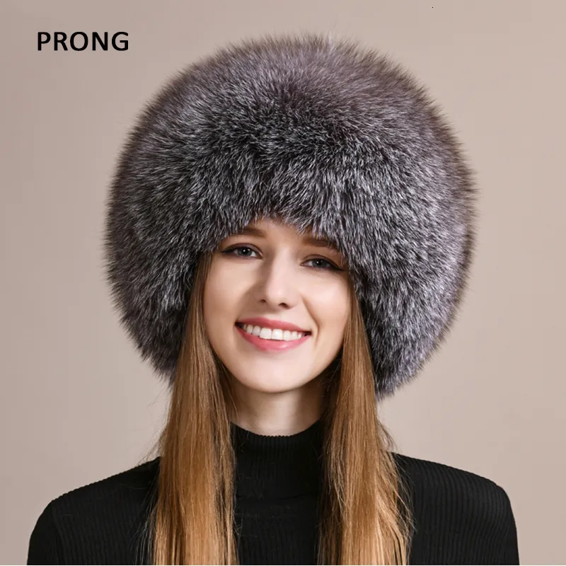 Womens Winter Russian Fur Hat With Wide Brim Natural Fur And