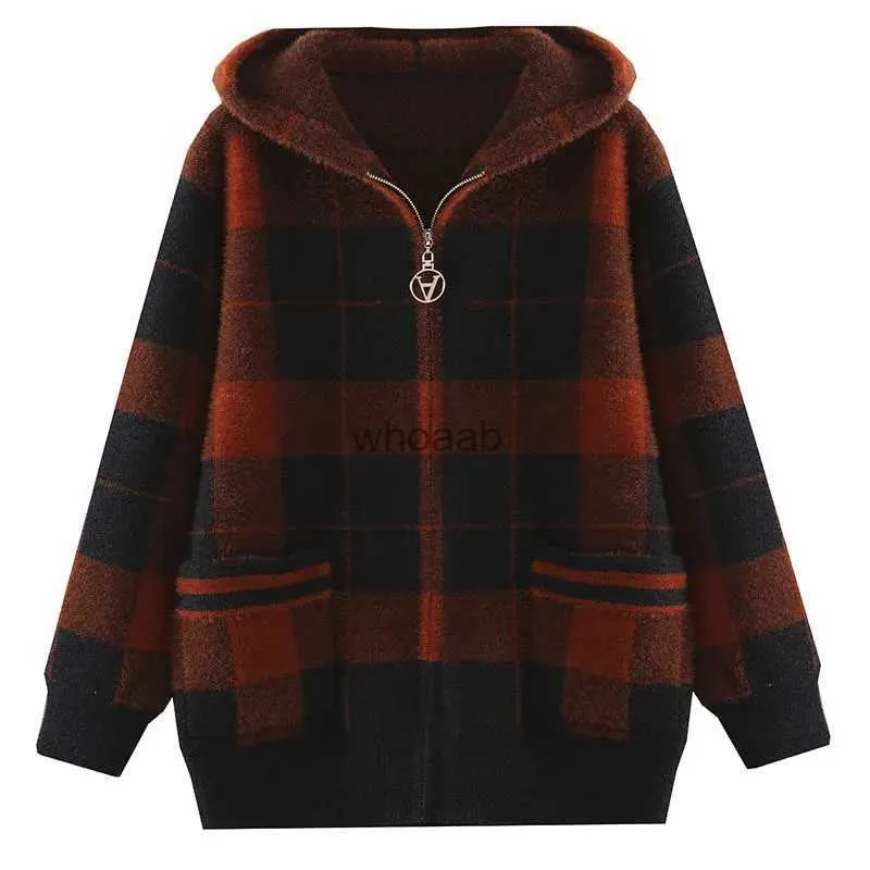 Mittleren Alters Ältere Mutter Nachahmung Nerz Samt Mantel Winter Dicke Strickjacke Pullover Frauen Casual Zipper Mit Kapuze Plaid Jacke HKD230815