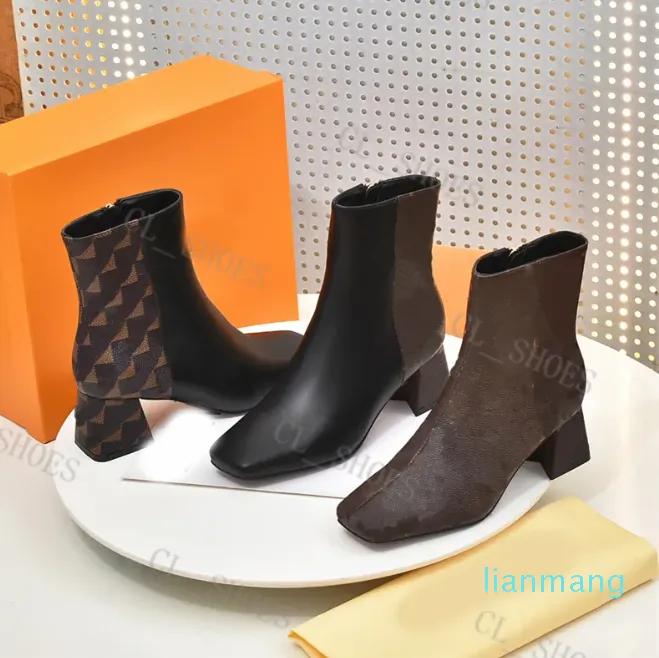 Designer SHAKE Bottes Femmes Bottines Square Chunky Talons Hauts Impression En Cuir Véritable Élégant Twist Booties Imprimé Botte À Talon Moyen Avec Boîte