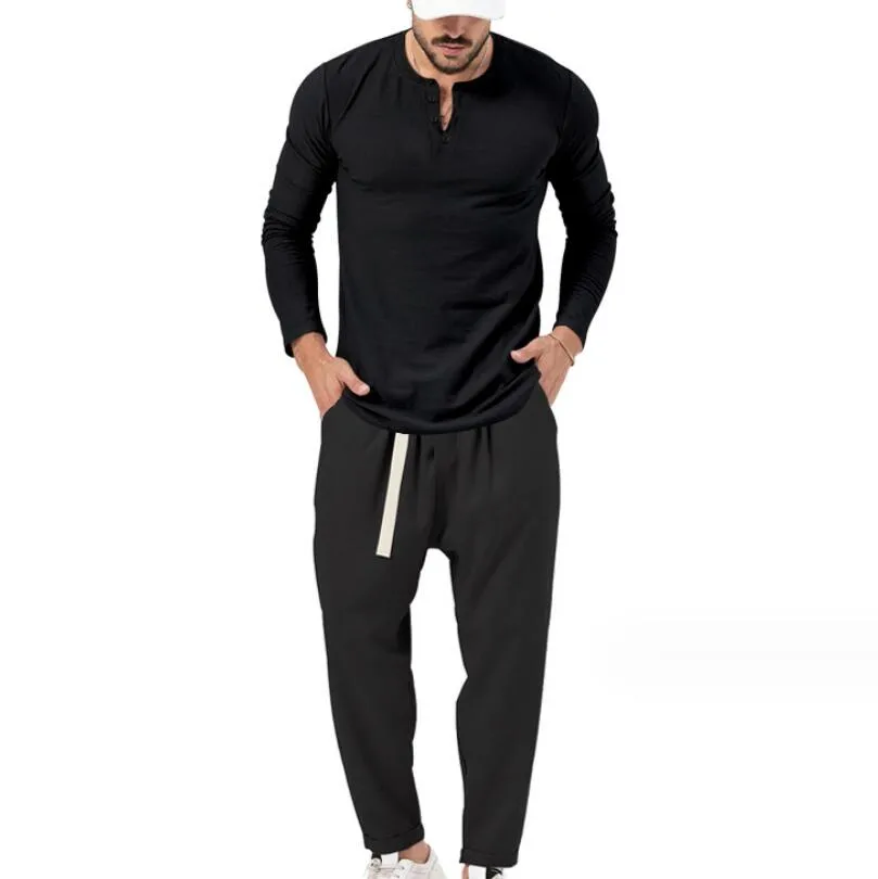 2023 Men's Tracksuits Autumn Henley Neck Long Sleeve Shirt Män mogna stildräkter Solid Color Sets-up Pocket Trousers Manliga Casual Two Piece Sets