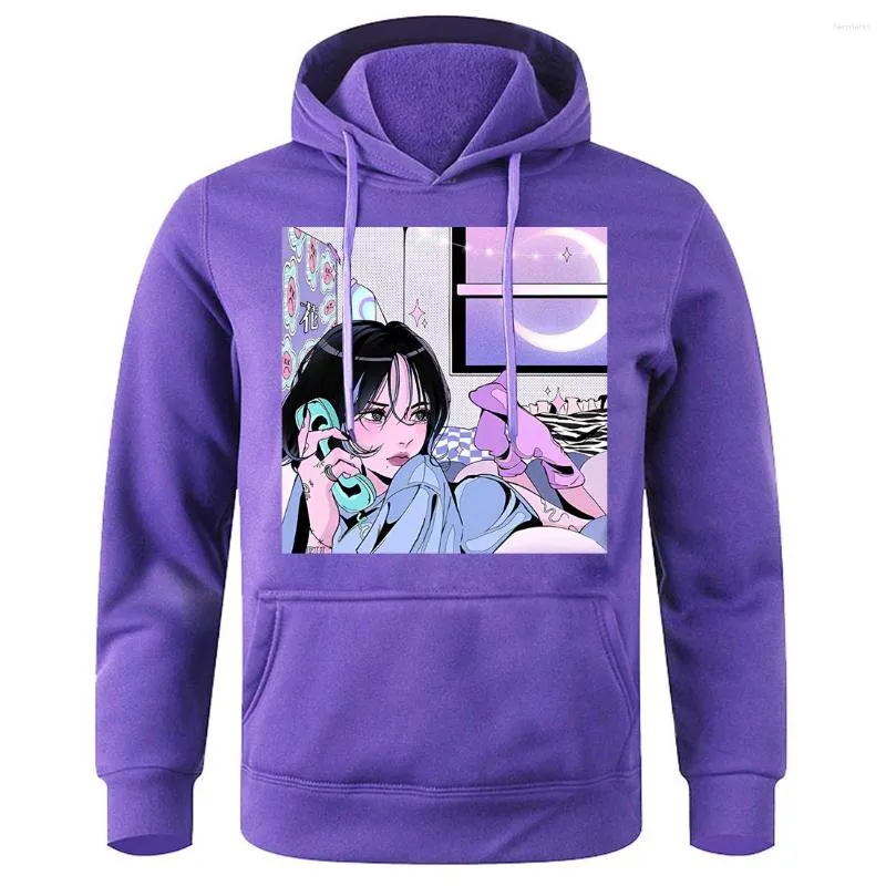 Herenhoodies Schattig meisje aan de telefoon Kunstillustratie Mannen losse oversized hoodie Casual mode met capuchon Creatieve sport Straatkleding