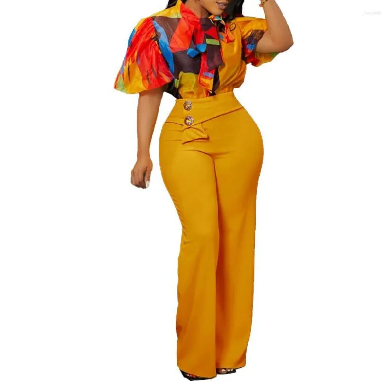 Etnische kleding Afrikaanse kleding Vrouwen 2 -delige set Puff Sleeve tops en broekpakken Zomerafdruk Elegante kantoor Lady Outfits