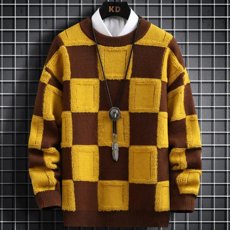 Erkek Sweaters Sonbahar Kış Kore tarzı Erkek Kazak Kazaklar Yüksek Kaliteli Kalın Sıcak Kaşmir Sweater Erkekler Lüks Ekose Çeken Homme 230823