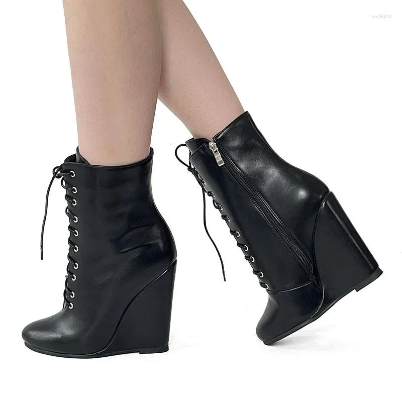 Dress Shoes Sukeia Fashion Women Winter Ankle Boots Side Zipper Round Toe Wedges Heels Black Casual Ladies US Plus Size 5-20