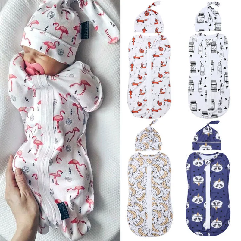 Sleeping Bags 2PCS Soft Baby Swaddle Muslin Blanket Cute Animal Printed born Infant Zipper Wrap Swaddling BlanketHats 230824