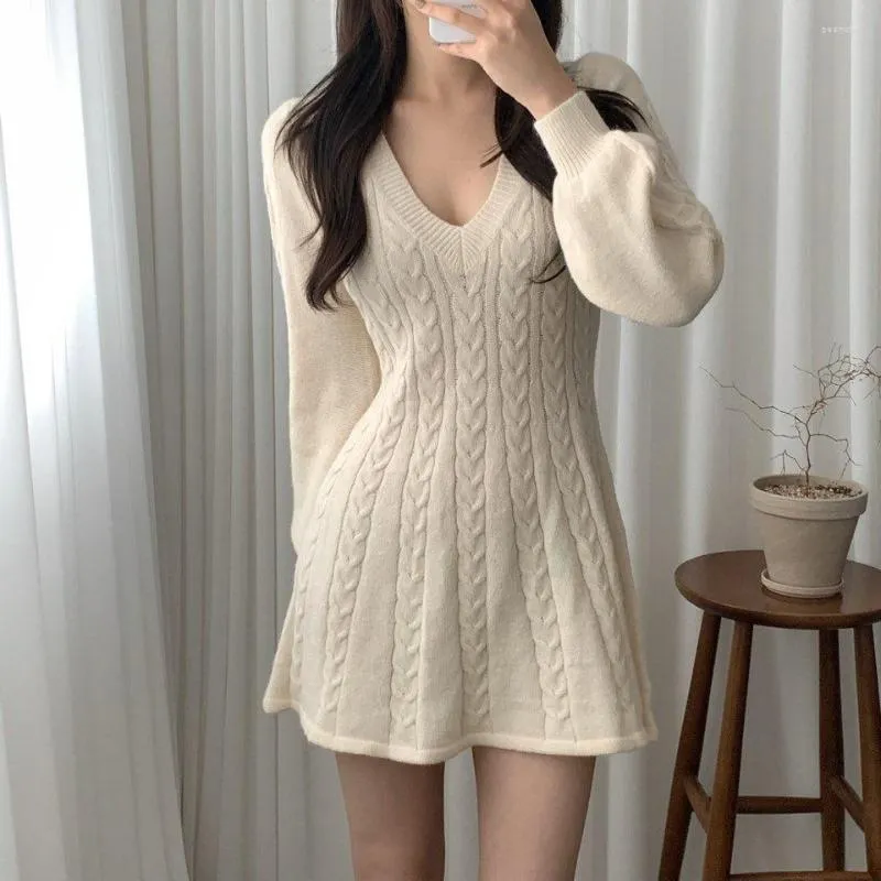 Casual Dresses 2023 Autumn Winter Women's Knitwear European American Lantern Sleeves V-Neck Solid Color Pullover Dress Sweater For Female