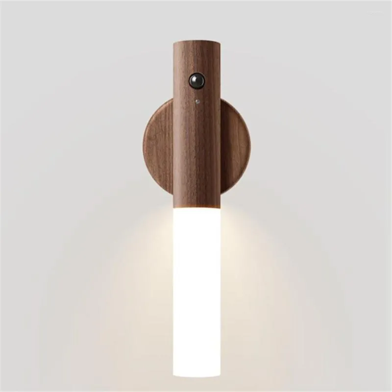 Night Lights Motion Sensor Light Magnet Body Hallway USB Rechargeable Led Lamp Portable Stairway Wooden Wall Sconce Nightlight