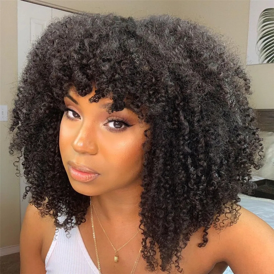 Kinky Curly Pixie Cut Bob Human Hair Wig with Bangs Full Machine Wigs for Black Women Remy PrePlucked with Baby Hair Brazilian