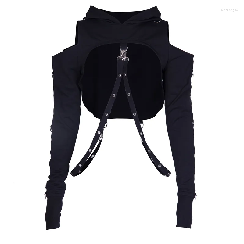 Women's Sweaters Women Streetwear Gothic Sexy Hollow Out Black Hoodies Harajuku Punk Long Sleeve Crop Hip Hop Belt Autumn