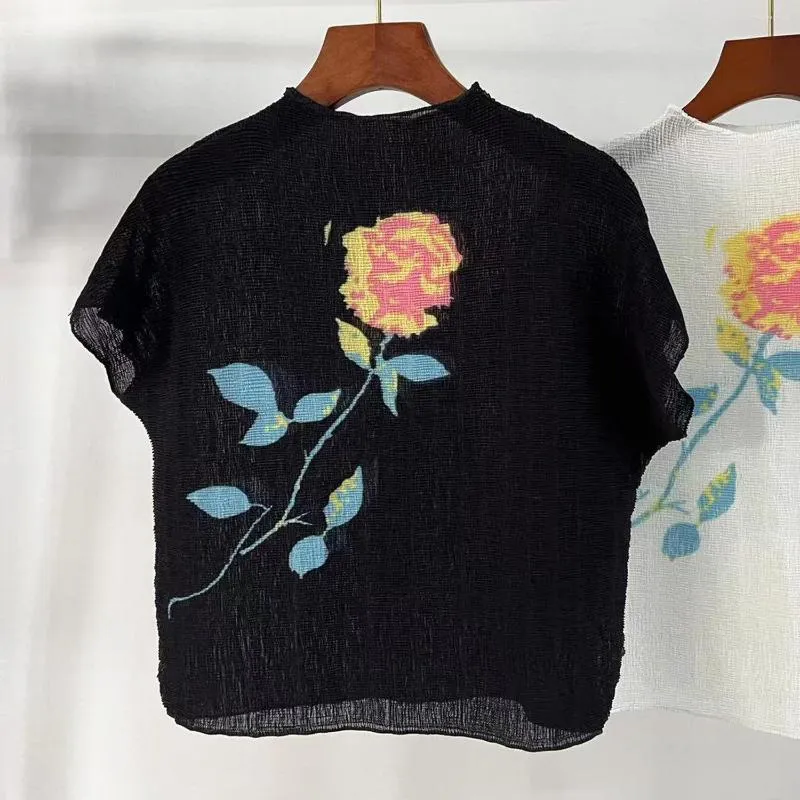 Koszulki damskie miyake plisowana koszulka koreański elegancki kwiat krótki rękaw